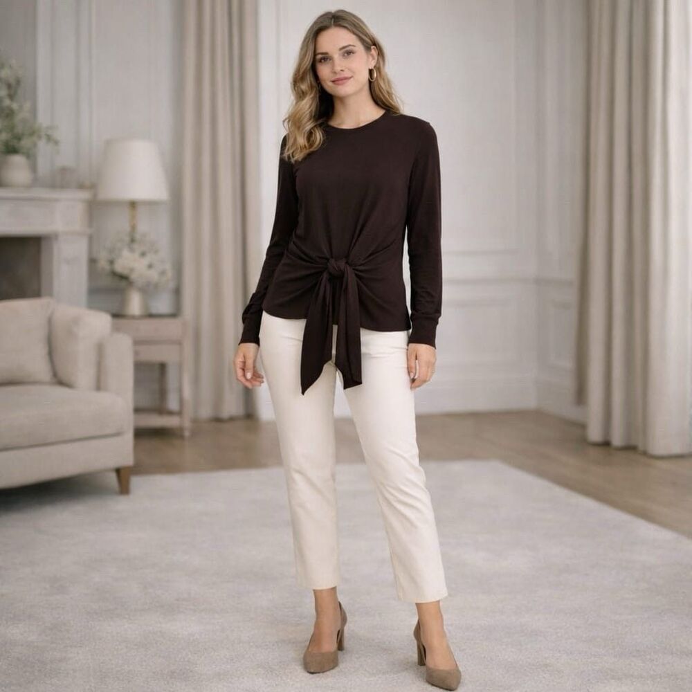 PHILOSOPHY DI ALBERTA FERRETI Top Size 10 ITALY MADE Stretch Knotted Brown Pleat